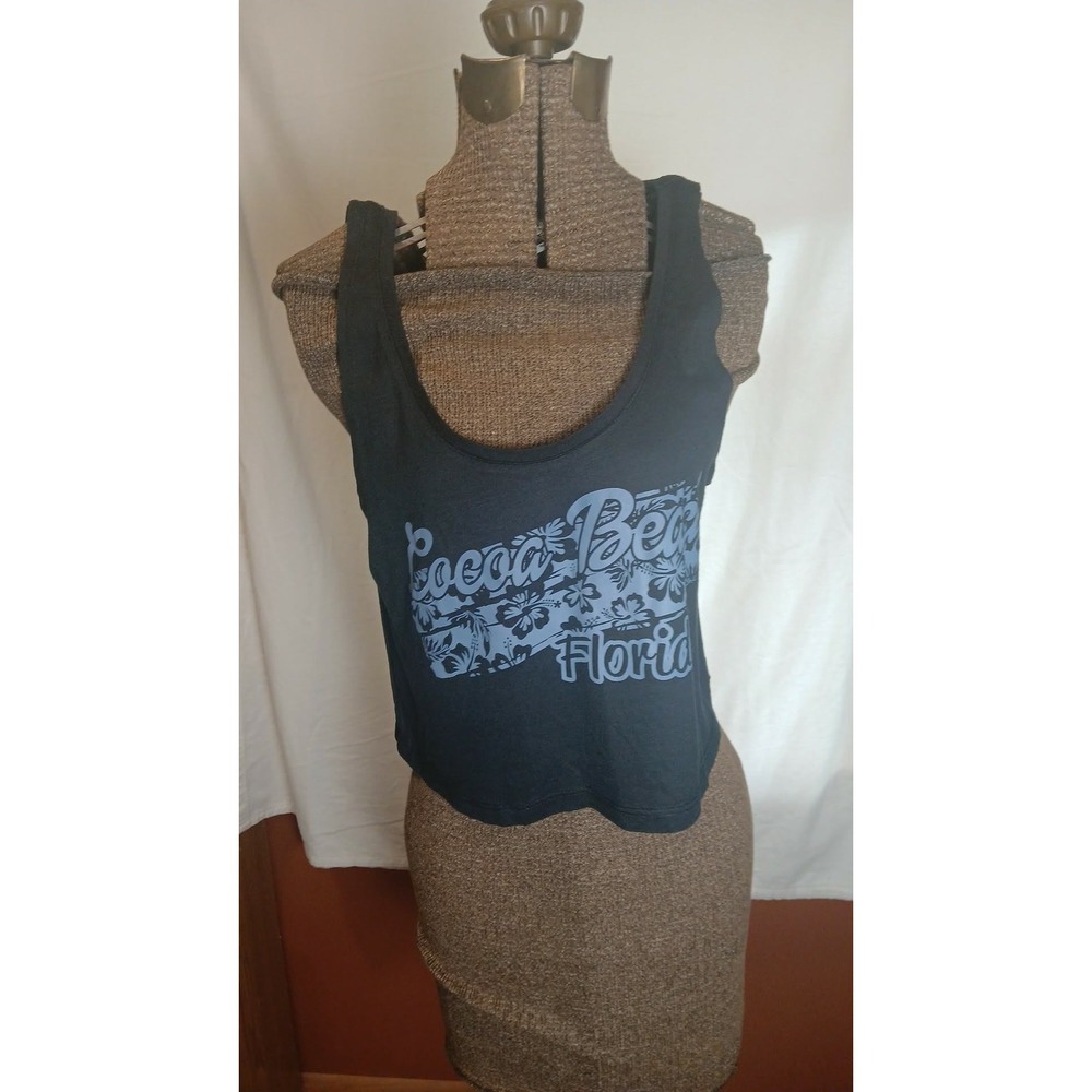 Exist Miami Cocoa Beach Florida Souvenir Crop Tank Top Black Blue Floral Large